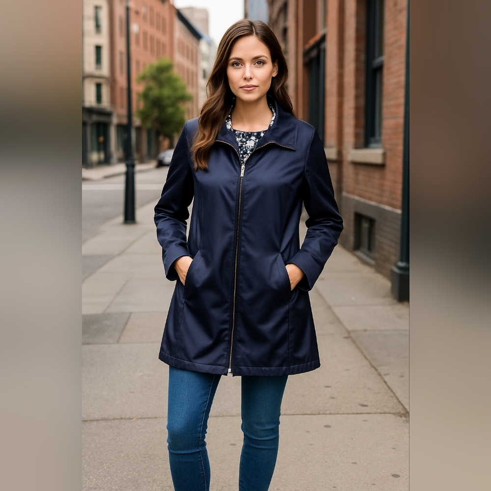 Dennis Basso Navy satin reversible trench Jacket 1X